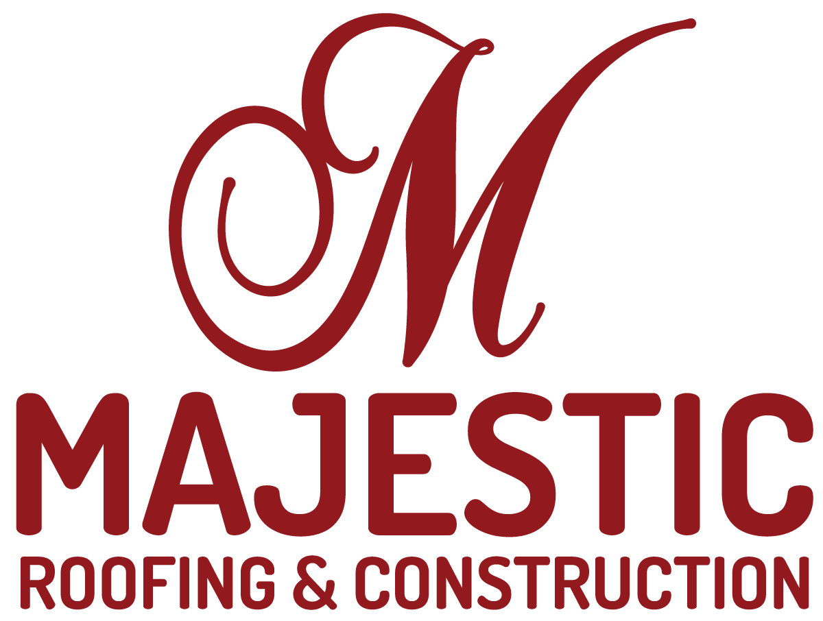 A red and green logo for majestic roofing & construction.